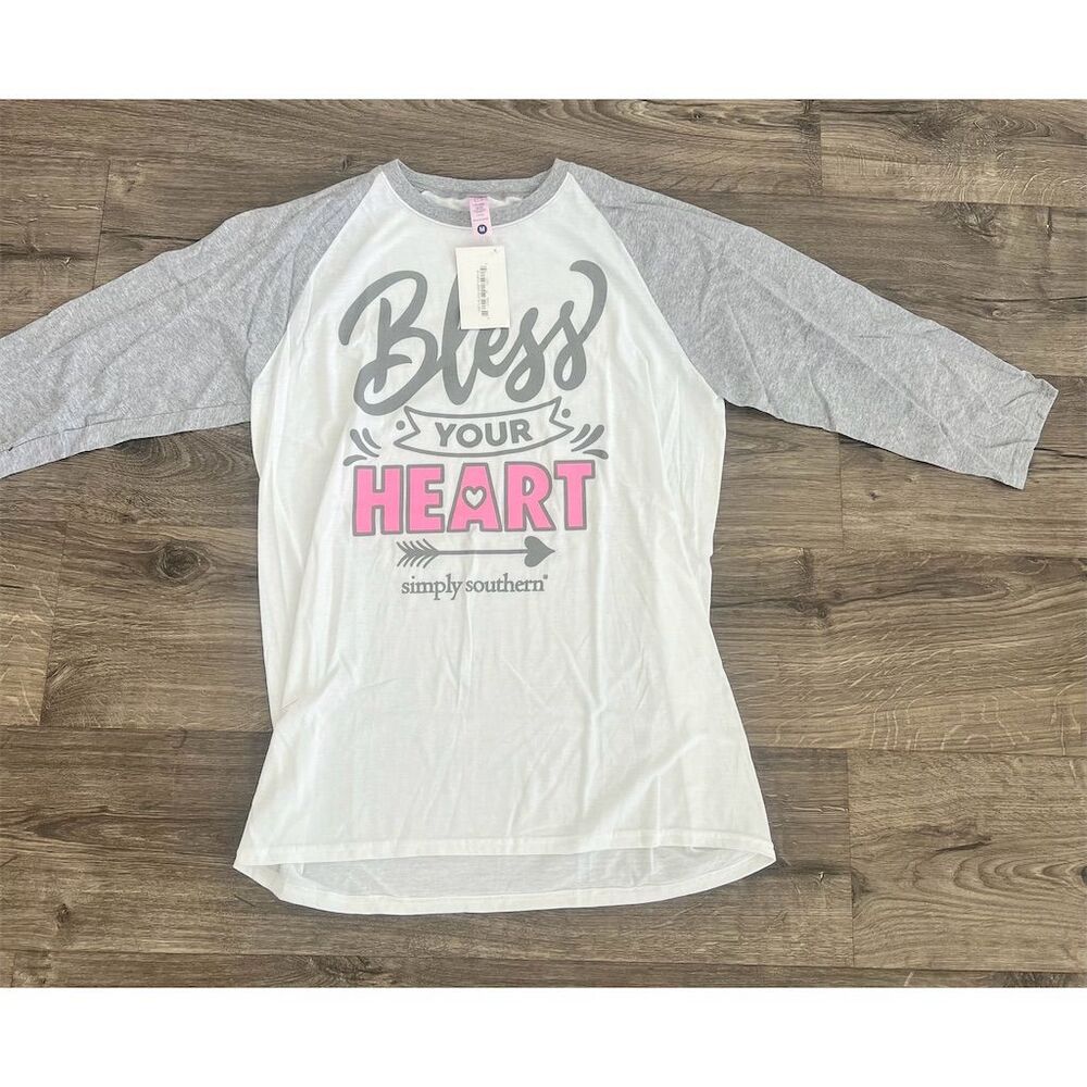 Simply Southern Women's WhiteBless Your HeartWhite‎ Raglan T-Shirt Size M